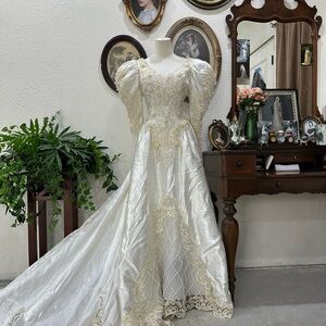 Elegant White Gown with Gold Embroidery